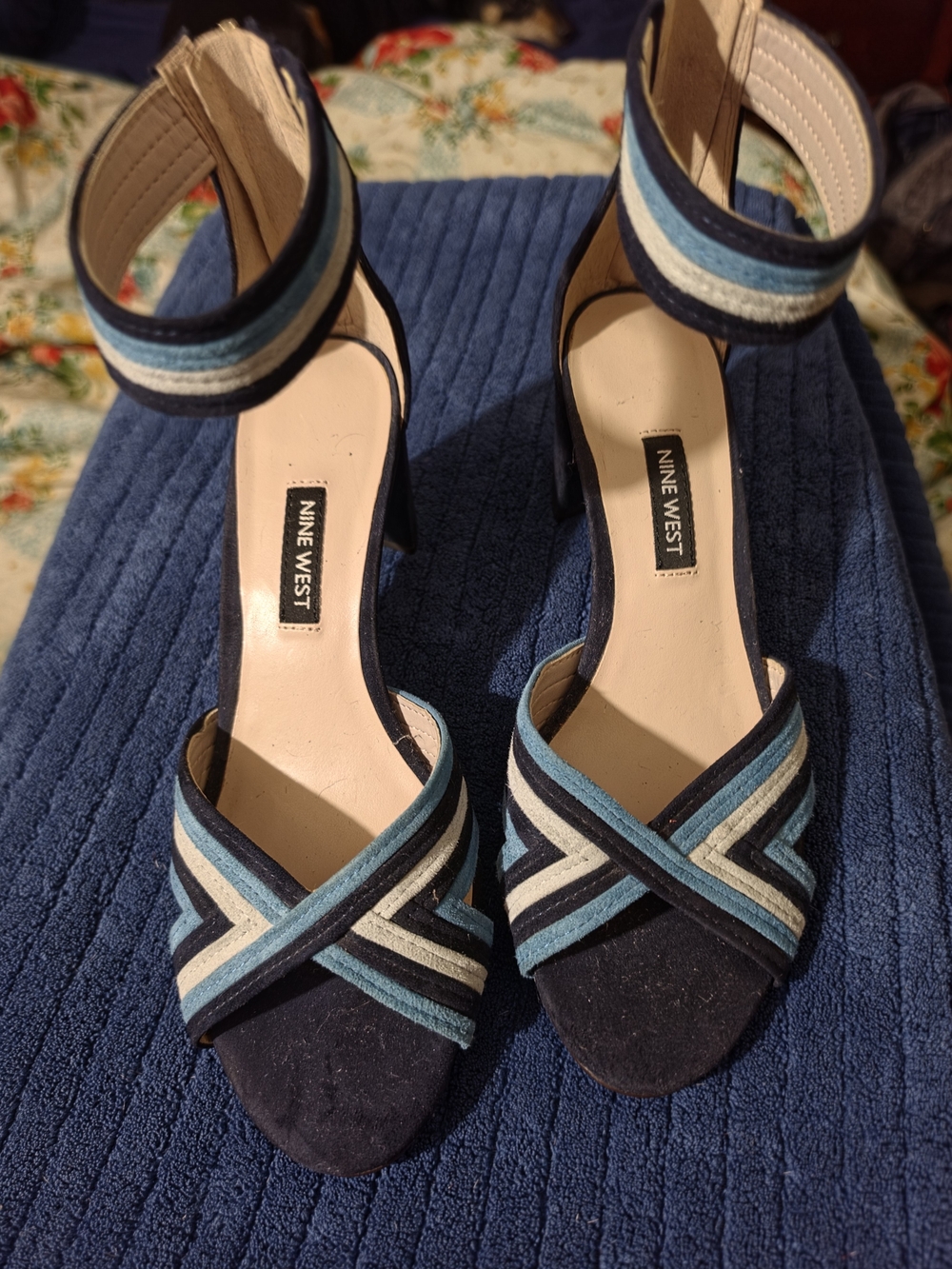 Nine West Navy Heeled Sandals with Light Blue and Cream Stripes